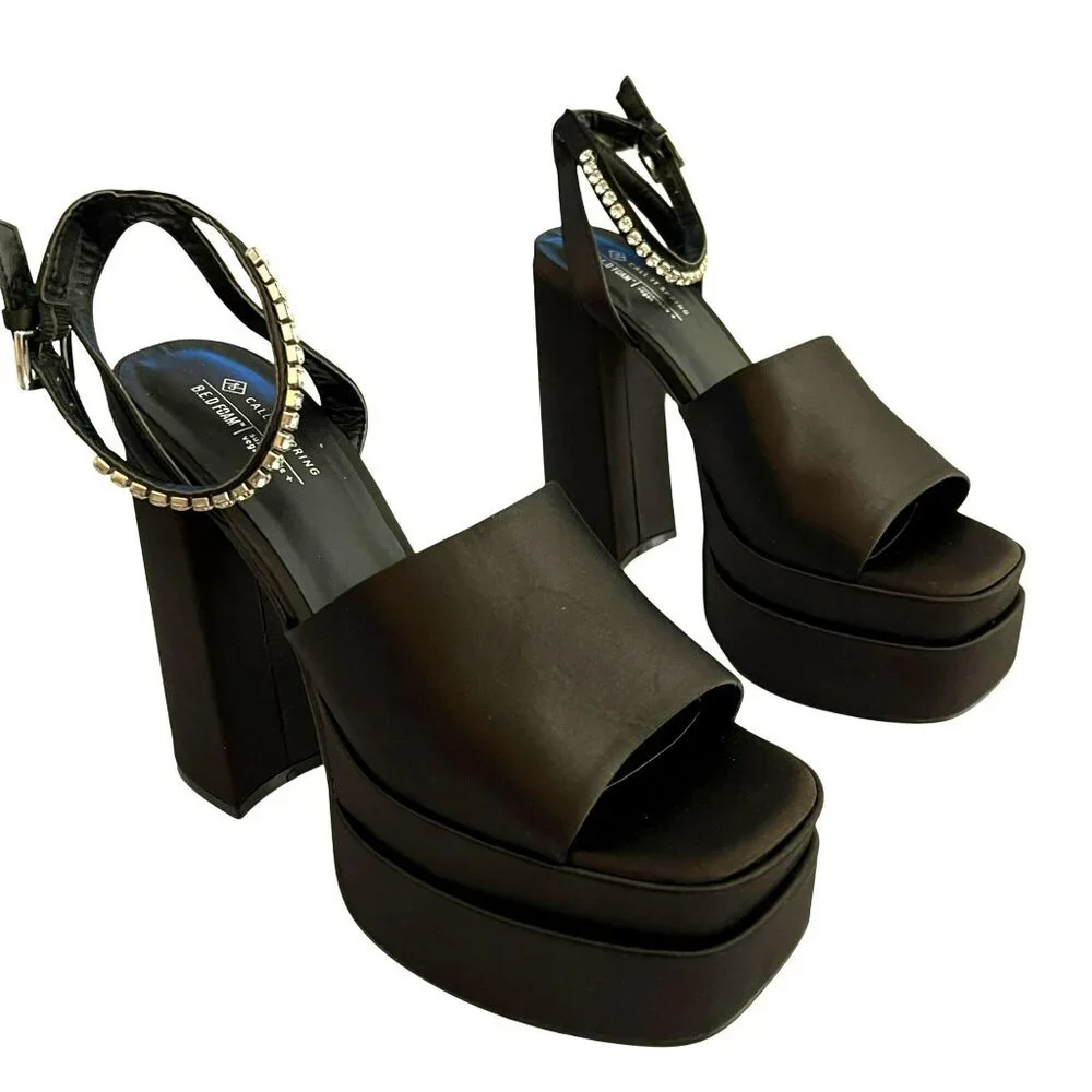Call It Spring Black Platform Heels With Rhinestone Strap Size 7.5 NEW
